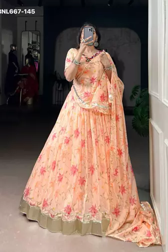 peach art silk printed lehenga choli