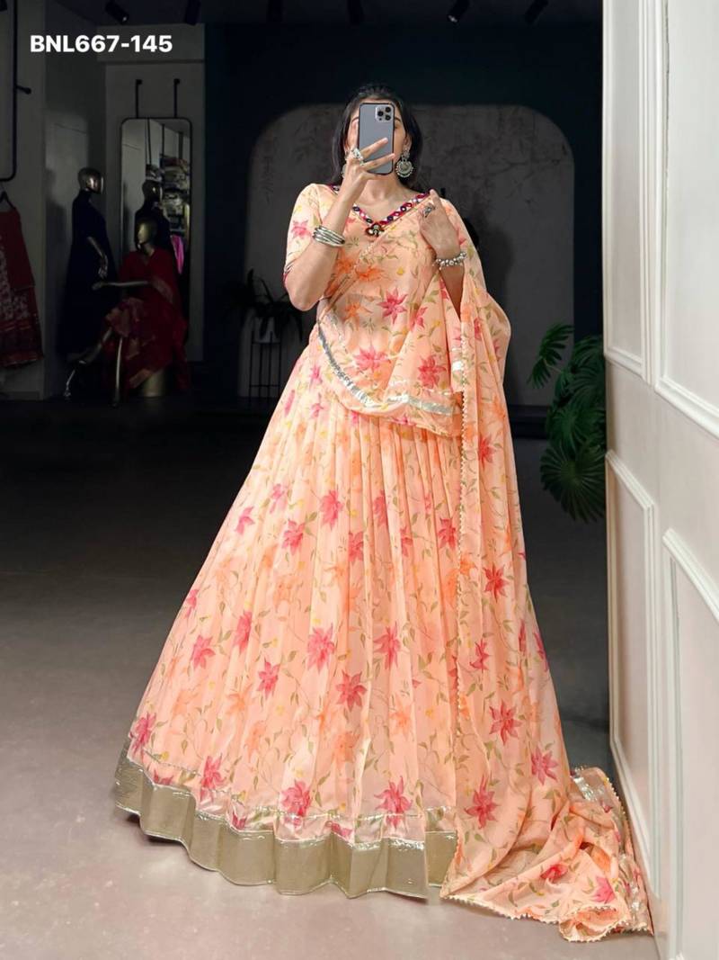 peach art silk printed lehenga choli