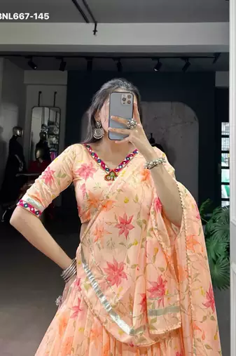 peach art silk printed lehenga choli