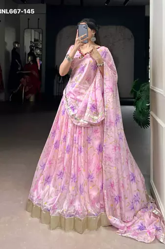 baby pink art silk printed lehenga choli