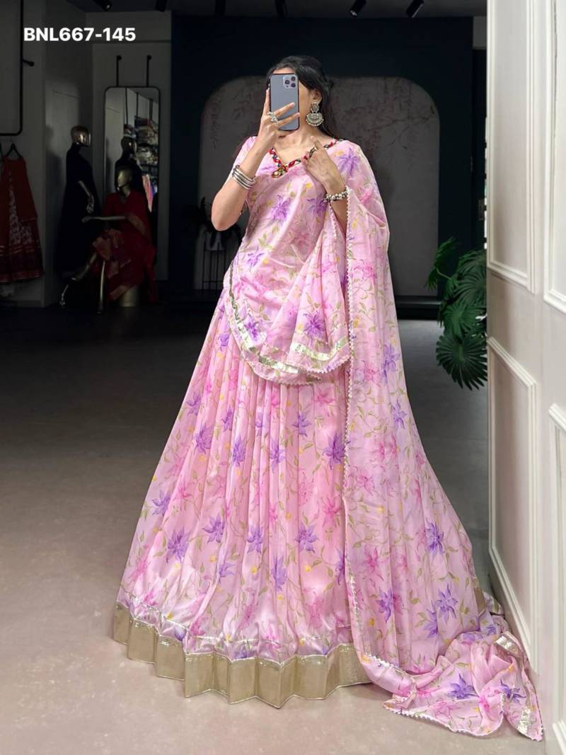 baby pink art silk printed lehenga choli