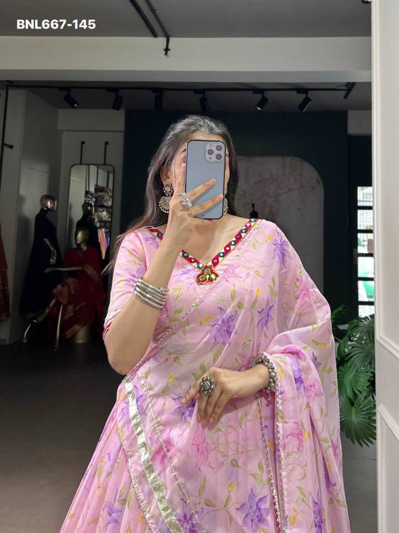 baby pink art silk printed lehenga choli