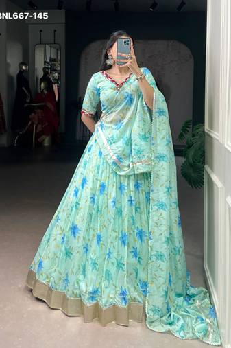 blue art silk printed lehenga choli
