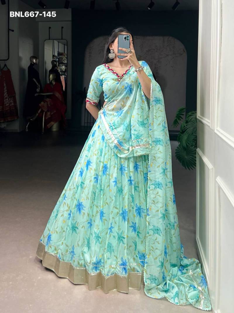 blue art silk printed lehenga choli