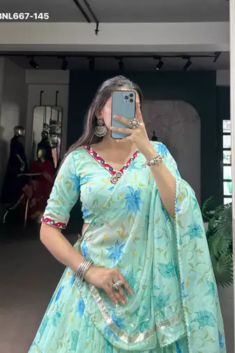 blue art silk printed lehenga choli