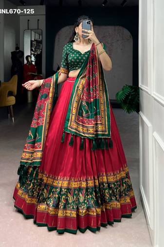 red silk blend printed lehenga choli