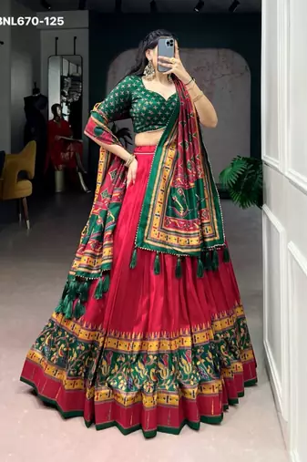 red silk blend printed lehenga choli