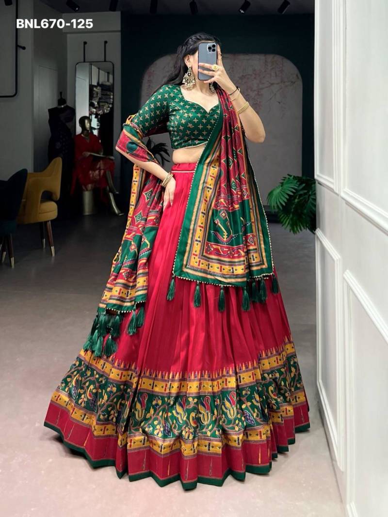 red silk blend printed lehenga choli