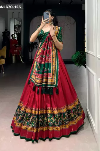 red silk blend printed lehenga choli