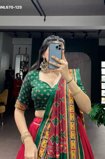 red silk blend printed lehenga choli