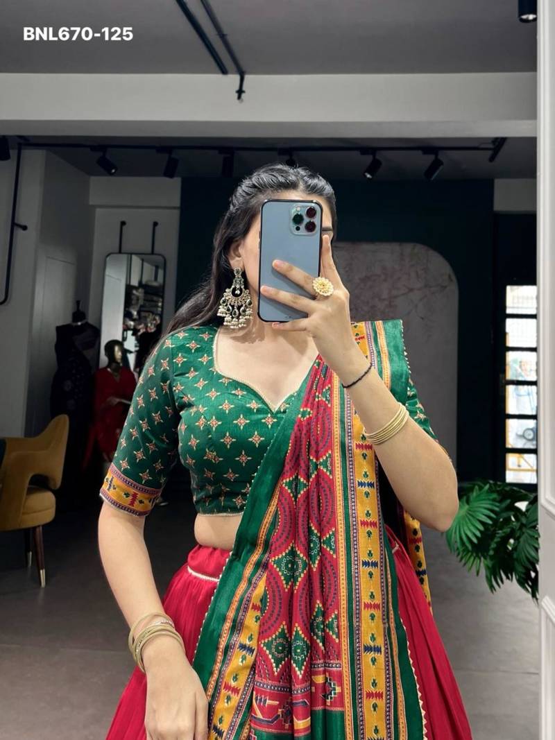 red silk blend printed lehenga choli