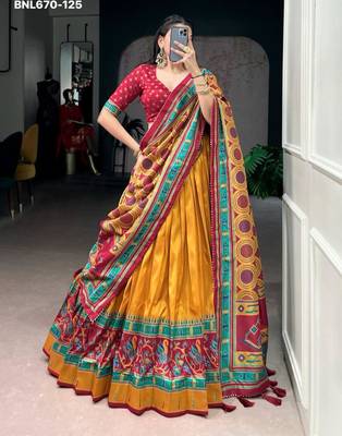 yellow silk blend printed lehenga choli 1