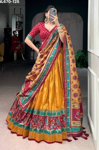yellow silk blend printed lehenga choli
