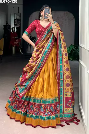 yellow silk blend printed lehenga choli