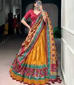 yellow silk blend printed lehenga choli