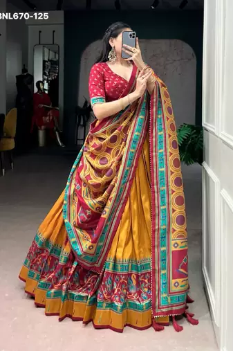 yellow silk blend printed lehenga choli