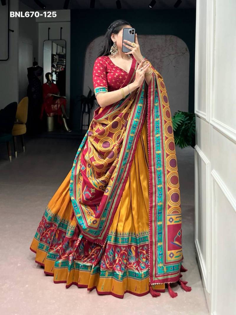 yellow silk blend printed lehenga choli