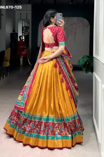 yellow silk blend printed lehenga choli