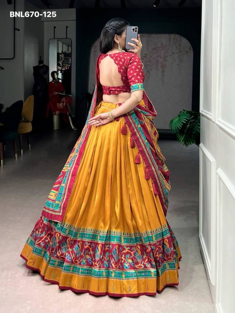 yellow silk blend printed lehenga choli