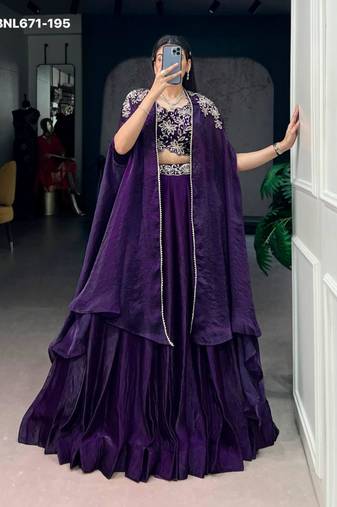 dark purple silk blend embroidered lehenga choli