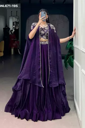 dark purple silk blend embroidered lehenga choli