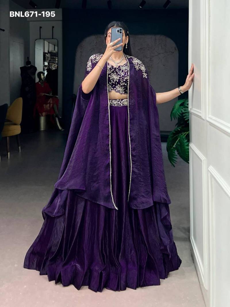 dark purple silk blend embroidered lehenga choli