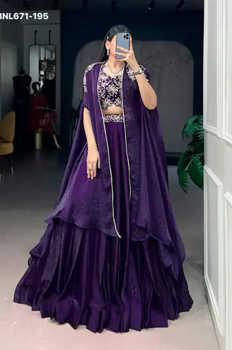 dark purple silk blend embroidered lehenga choli