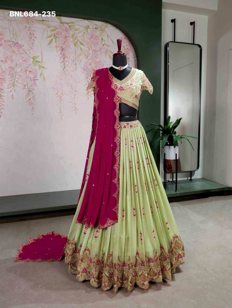 light parrot green georgette embroidered lehenga choli
