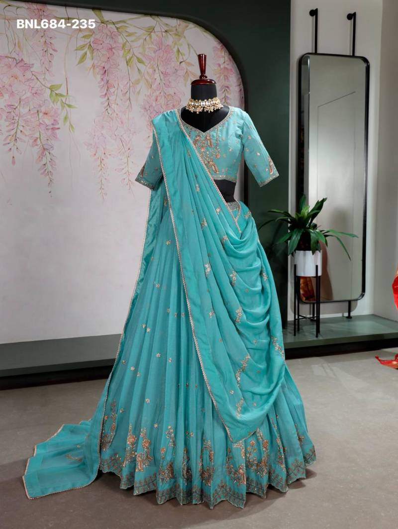 sky blue georgette embroidered lehenga choli