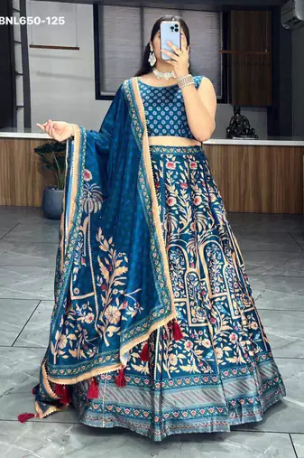 royal blue art silk printed lehenga choli