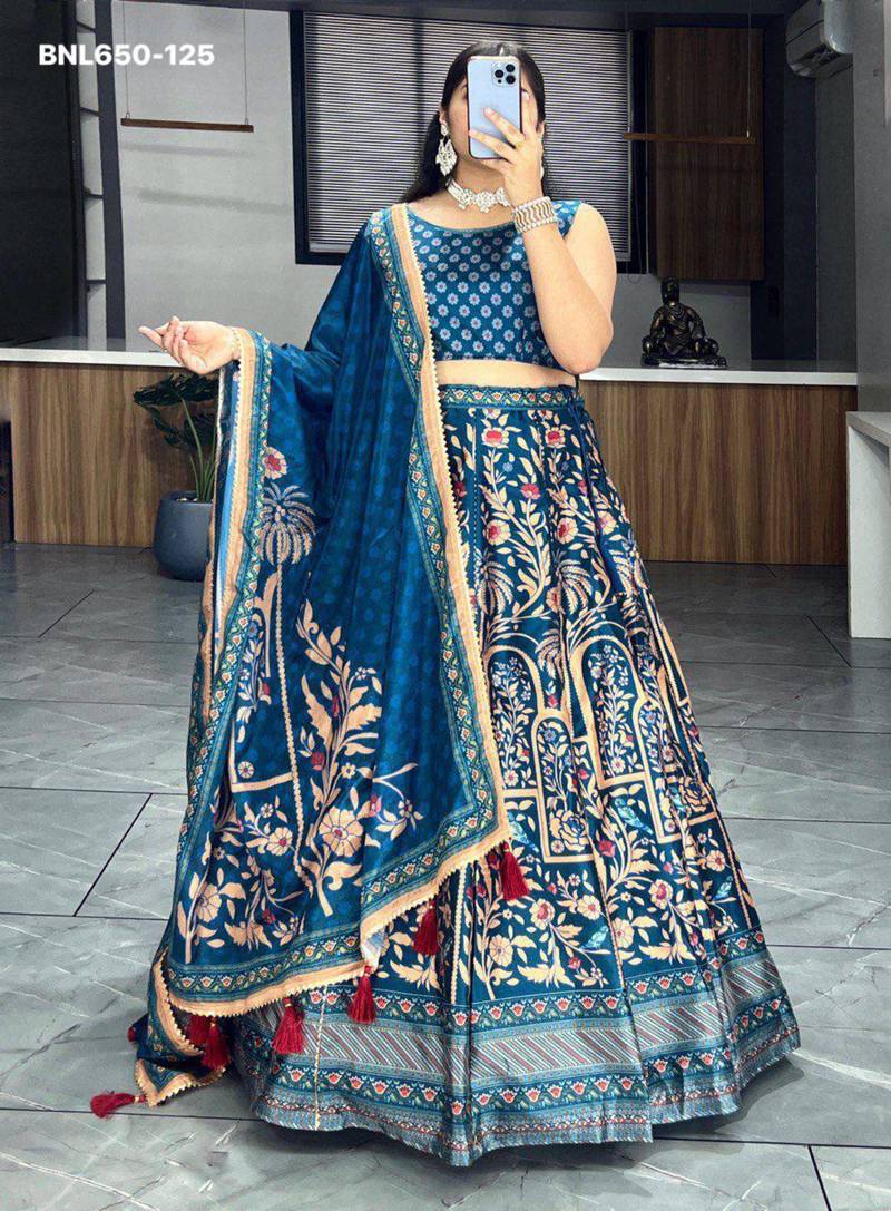 royal blue art silk printed lehenga choli