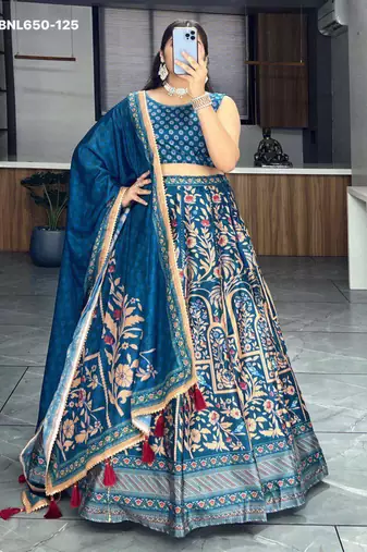 royal blue art silk printed lehenga choli