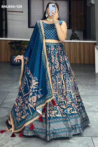 royal blue art silk printed lehenga choli