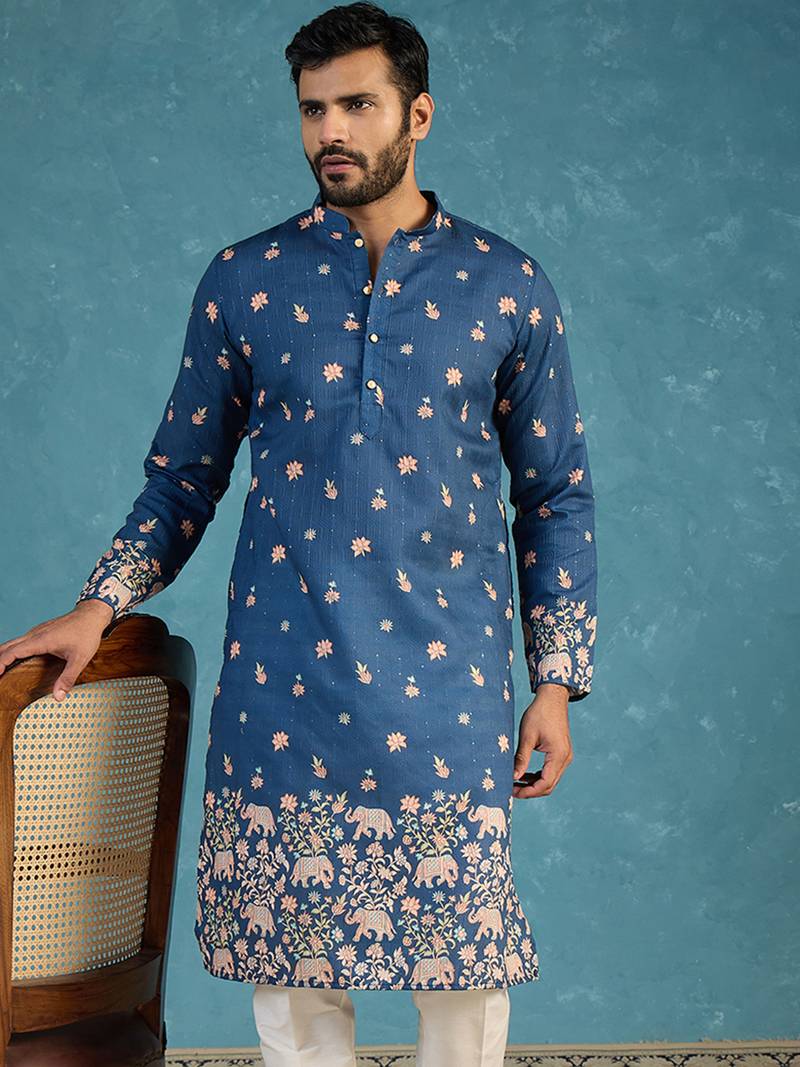 Mens blue silk blend woven design calf length straight regular kurta