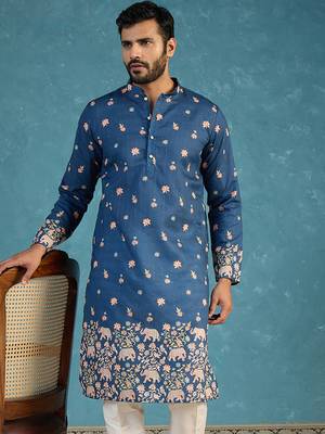 Mens blue silk blend woven design calf length straight regular kurta 1