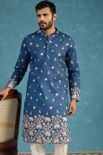 Mens blue silk blend woven design calf length straight regular kurta