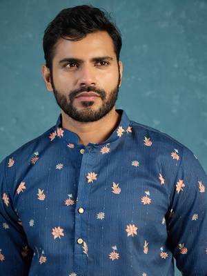 Mens blue silk blend woven design calf length straight regular kurta 2