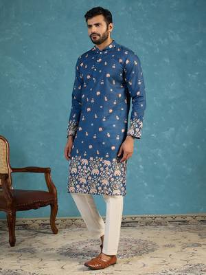 Mens blue silk blend woven design calf length straight regular kurta 3