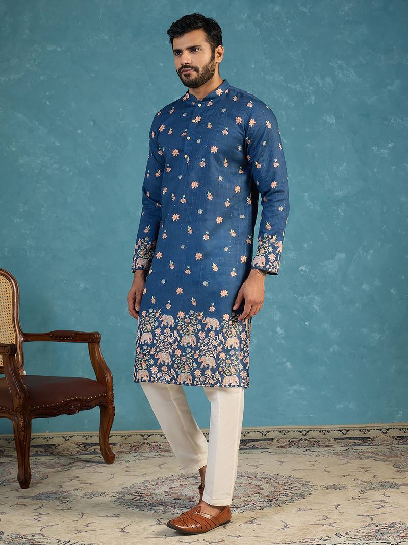 Mens blue silk blend woven design calf length straight regular kurta