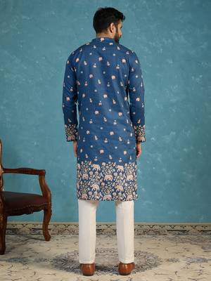 Mens blue silk blend woven design calf length straight regular kurta 4