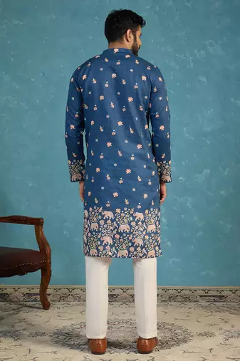 Mens blue silk blend woven design calf length straight regular kurta