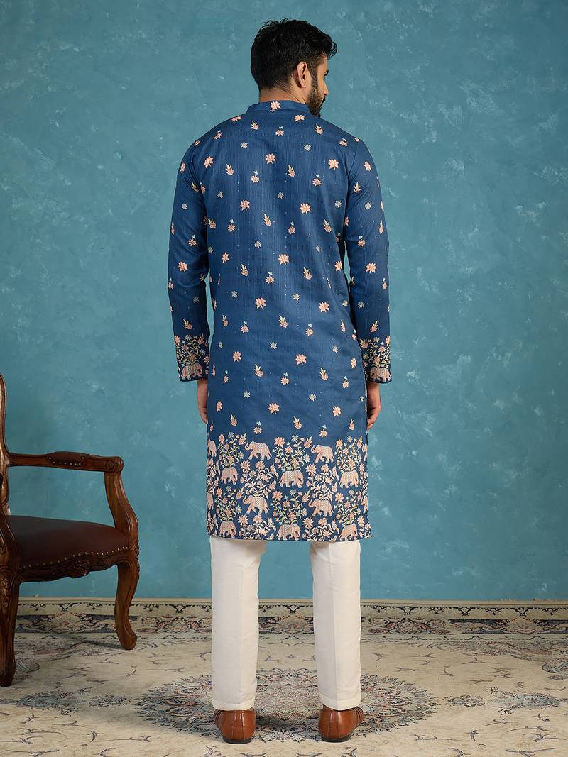 Mens blue silk blend woven design calf length straight regular kurta