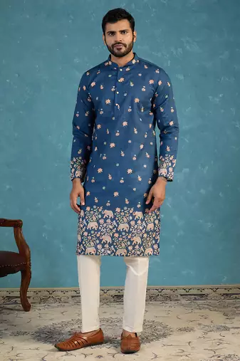 Mens blue silk blend woven design calf length straight regular kurta
