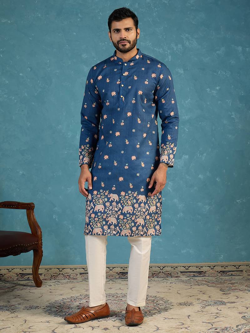Mens blue silk blend woven design calf length straight regular kurta