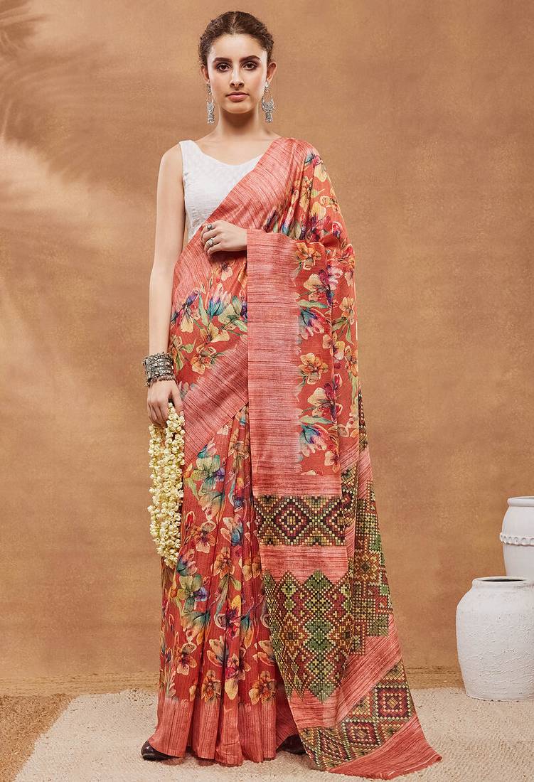 Orange floral silk blend regular saree with blouse