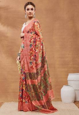 Orange floral silk blend regular saree with blouse 2
