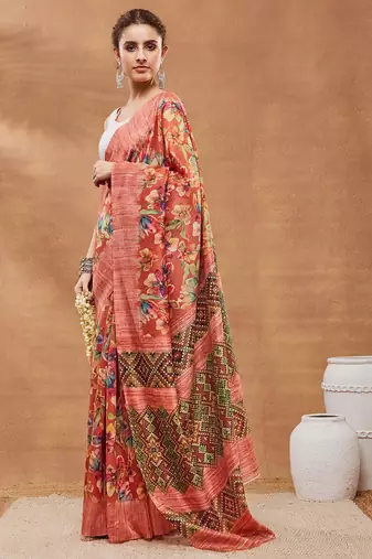 Orange floral silk blend regular saree with blouse