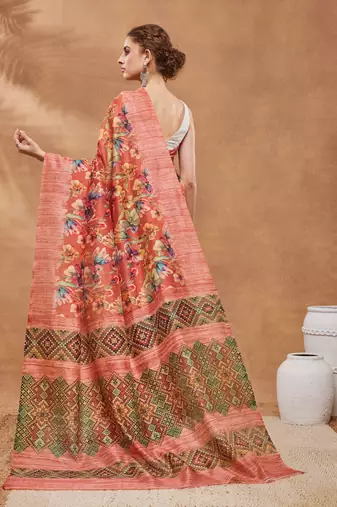 Orange floral silk blend regular saree with blouse