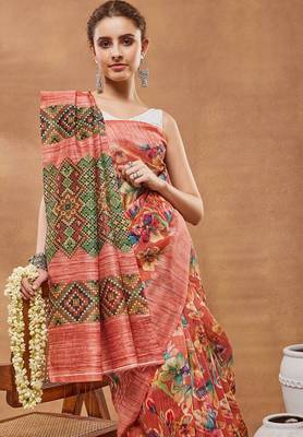 Orange floral silk blend regular saree with blouse 4