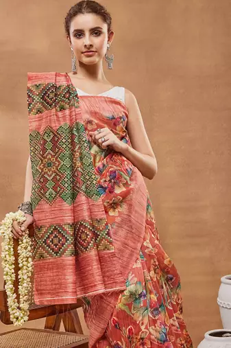 Orange floral silk blend regular saree with blouse